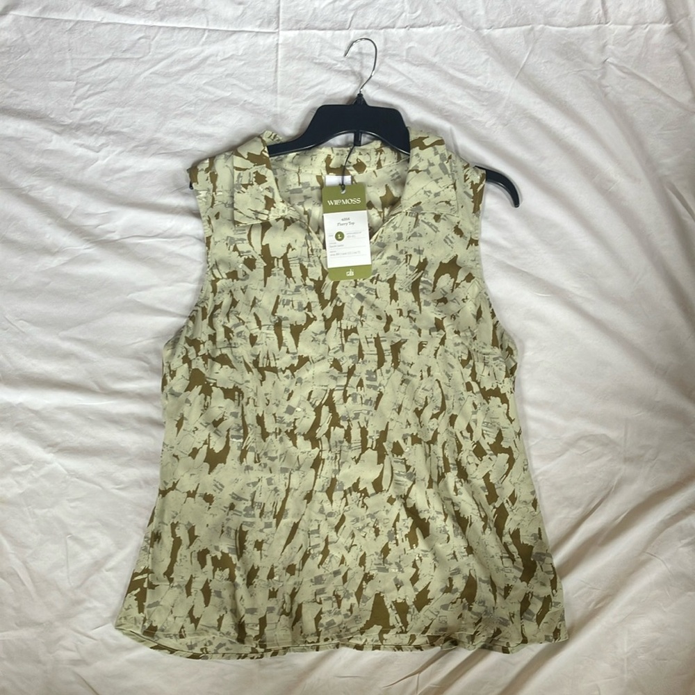 CAbi Collared Sleeveless Tank in Sage and Olive Abstract Print